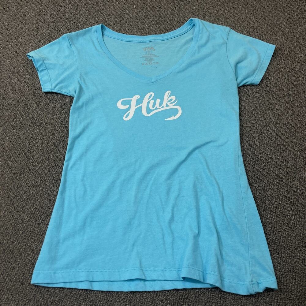 Huk Fishing Shirt Womens Size Small Short Sleeve T Tee V Neck Blue